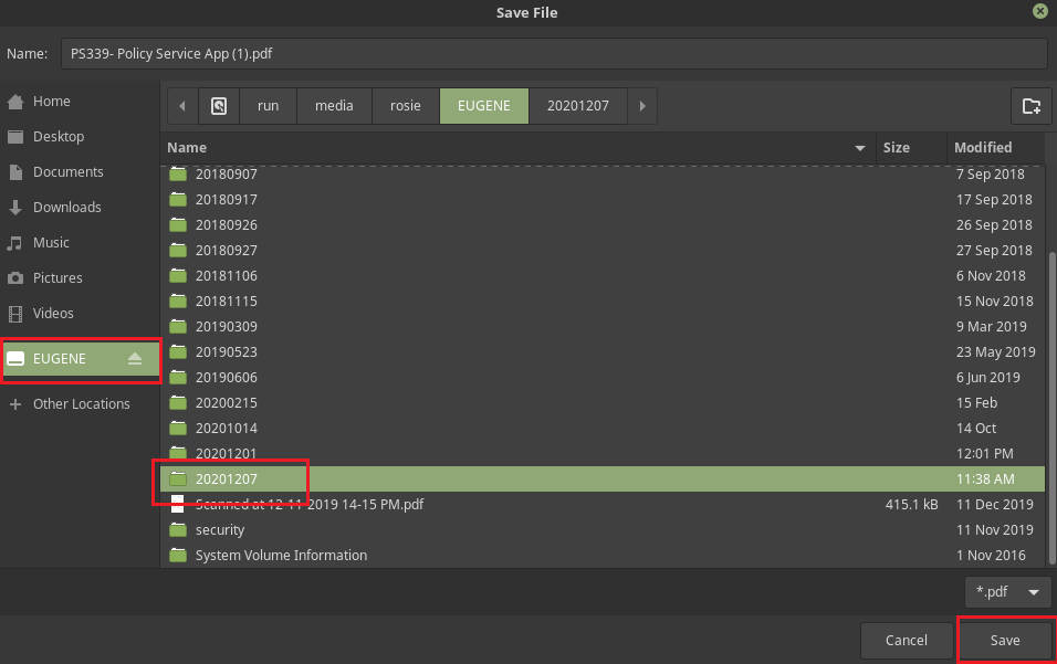 Save File window is open. Red rectangles  are around  EUGENE folder, 20201207 folder and Save button.
