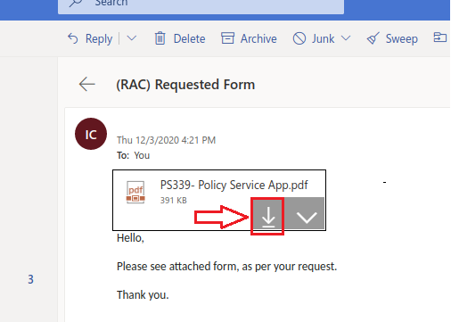 Mail window showing an opened email for (RAC) Requested Form with the attachment PS339- Policy Service App.pdf. A red rectangle is around the Download arrow and a red arrow is pointing at it.